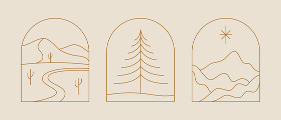 Vector set of linear boho icons and symbols - sun logo design templates - abstract design elements for decoration in modern minimalist style © venimo