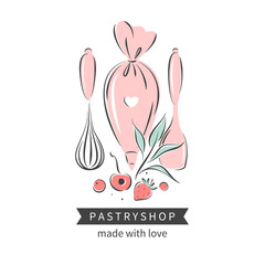 Pastry and bread shop. Set of tools for making cakes, cookies and pastries. Vector illustration for logo, menu, recipe book, baking shop, cafe.