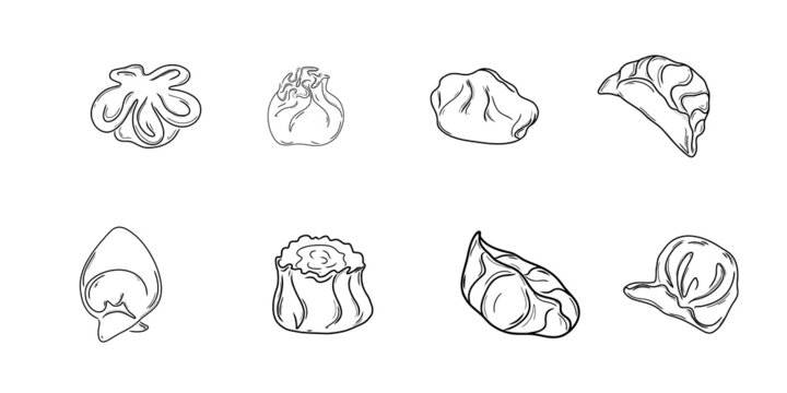 Set dumplings. Wontons, Gyoza, Baozi, Jiaozi, Dim Sum. Doodle. Hand drawn. vector illustration