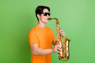 Fototapeta na wymiar Photo of joyful happy positive young man good mood hold hands saxophone player isolated on green color background