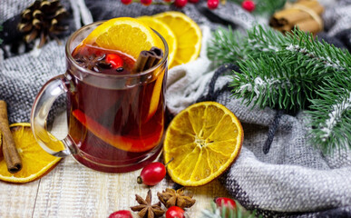 hot mulled wine on a wooden table. New year concept