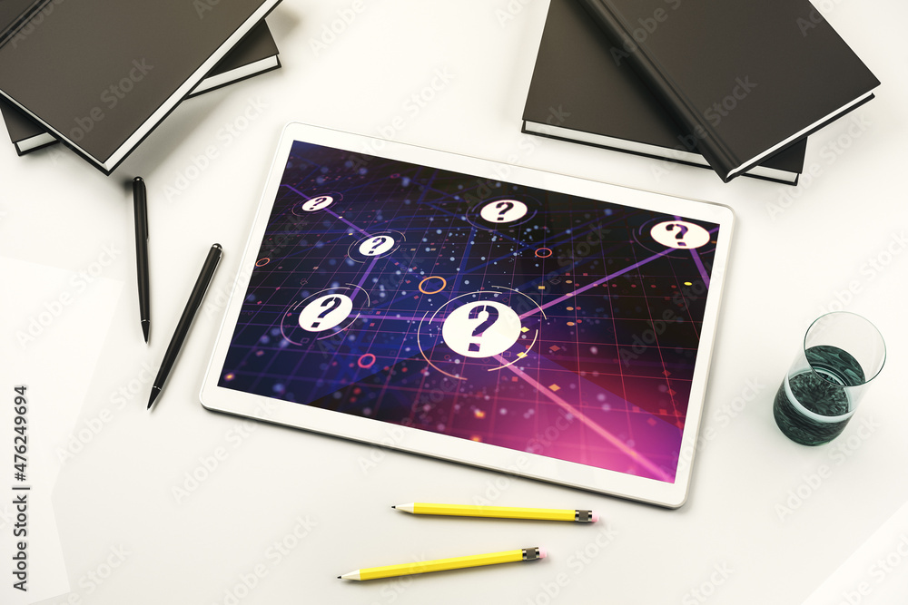 Aufkleber top view of modern digital tablet monitor with question mark hologram. sociology and psychology conc
