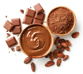 Bowl of melted chocolate and cocoa powder, cocoa beans and broken chocolate pieces