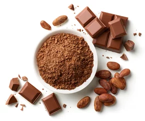 Fotobehang Chocolade Bowl of cocoa powder, chocolate pieces and cocoa beans isolated on white background  © baibaz
