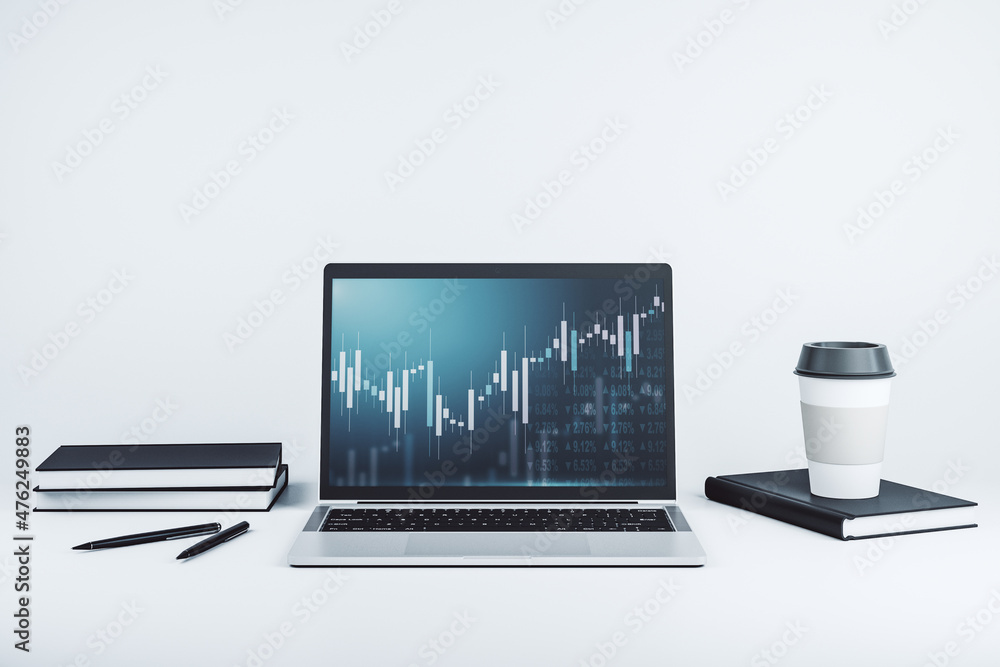 Poster modern computer display with abstract financial graph, financial and trading concept. 3d rendering