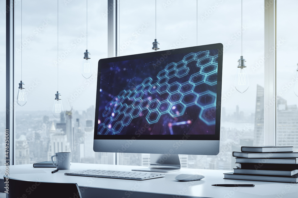 Aufkleber creative abstract technology sketch with hexagon grid on modern laptop monitor, future technology an