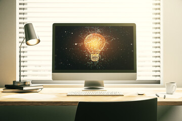 Creative idea concept with light bulb illustration on modern laptop screen. 3D Rendering