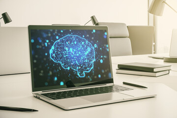 Creative artificial Intelligence concept with human brain sketch on modern laptop monitor. 3D...