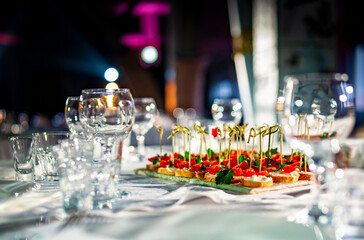 food buffer catering. Different canapes and appetizer on table