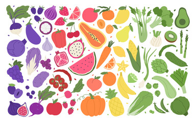 Fruit and veggies rainbow. Set of illustrations with vegetables; fruits and berries