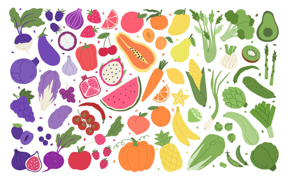 Fruit and veggies rainbow. Set of illustrations with vegetables; fruits and berries