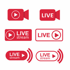 Collection of live stream logo, live event stickers, isolated vector set.