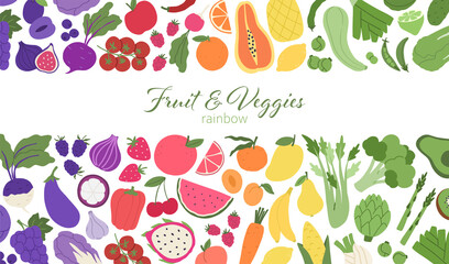 Fruit and veggies rainbow banner. Plant-based food pattern