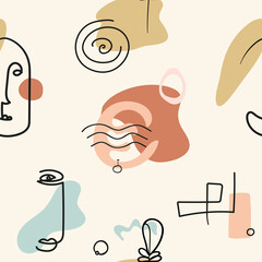 Seamless pattern of abstract shapes, lines and faces in line art style. Contemporary abstract portraits in a trendy style. Vector illustration for printing, textiles, clothing, wrapping paper.