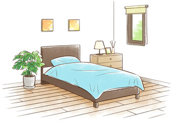 寝室（朝）＿青緑のベッド