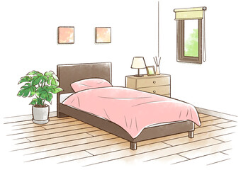寝室（朝）＿ピンク色のベッド