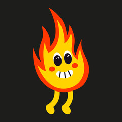Vector illustration of abstract funny fire character. Contemporary comic doodle face smiling. Psychedelic retro element of flame for print, poster, card, collage design