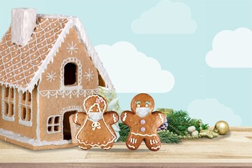 Happy New Year's set of house, gingerbread man from ginger biscuits glazed sugar icing decoration