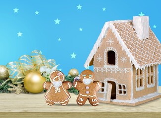 Happy New Year's set of house, gingerbread man from ginger biscuits glazed sugar icing decoration