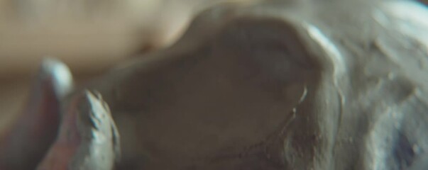 Close up shot of hands of unrecognizable sculptor modeling clay face