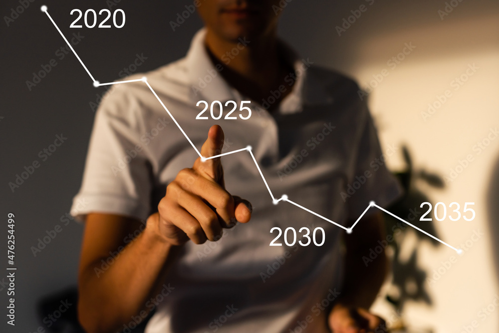 Poster businessman hand working with virtual chart business on touch screen computer as concept