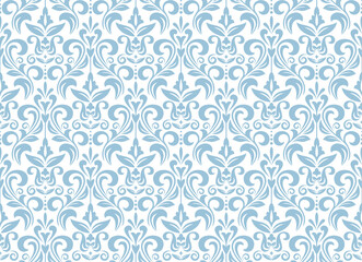 Wallpaper in the style of Baroque. Seamless vector background. White and blue floral ornament. Graphic pattern for fabric, wallpaper, packaging. Ornate Damask flower ornament