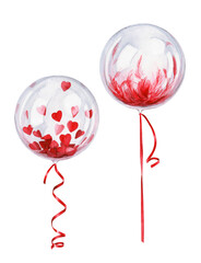 Balloons with a red feather and hearts inside. Hand-drawn watercolor illustration