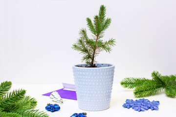 a small Christmas tree in a blue pot and next to Christmas toys