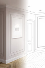 Fototapeta na wymiar A sketch becomes a real light modern classic hall with a vertical poster near the door, moldings on light beige walls, built-in spotlights, parquet flooring. Front view. 3d render