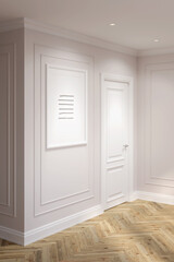 Fototapeta premium Light modern classic hall with a vertical poster near the door, moldings on light beige walls, built-in spotlights, parquet flooring. 3d render