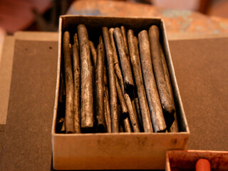 art materials - charcoal, sauce, sanguine. Artist's workplace