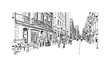Building view with landmark of Las Palmas is the 
city in Spain. Hand drawn sketch illustration in vector.