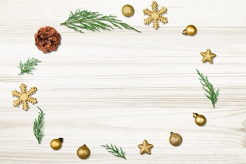 Naklejka na ściany i meble Christmas frame on holiday background. Gold Christmas decorations, New Year border.