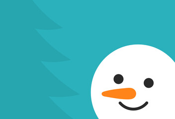 Cute snowman face and Christmas tree background.