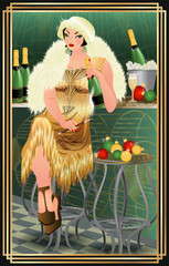 New year card with flapper girl and xmas balls, champagne, vector illustration