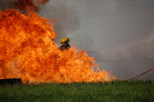 firefighter at fuel fire