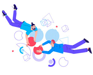 Business cooperation and workflow concept with business people collaborating on work, flat cartoon trendy vector illustration isolated on background.