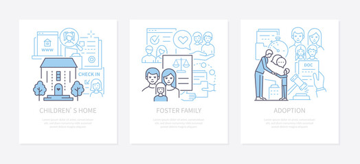 Foster family and adoption - modern line design style banners set