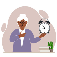 Modern concept of time management illustration. A screaming woman holds an alarm clock in his hand and the second points to it.