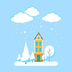 Obraz na płótnie Canvas Vector house on the background of a winter landscape. Cute city house, with trees, snowy clouds and snowflakes. Children's illustration in flat style.