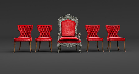 3D render of red royal throne with Modern red armchairs isolated on black background, Leadership...