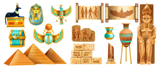 Egypt ancient stone vector set, archaeology Egyptian treasure, golden scarab, pharaoh mask, pyramid. Africa tourism travel culture object, historical papyrus scroll, tomb ruin wall. Egypt stone Anubis - obrazy, fototapety, plakaty