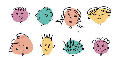 Abstract scrabble funny faces front, top, side views. Hand drawn blob shape heads set