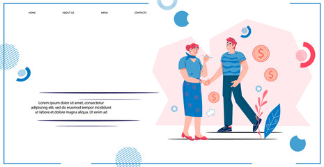 Business cooperation agreement or deal conclusion website banner template. Web page interface with business people concluding deal or contract with handshake, flat vector illustration.