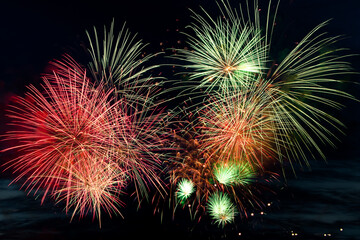 Fototapeta na wymiar Bright colored fireworks on black background. Celebration and holidays concept. New Year, Independence Day, July 4 Festival. Bright explosions of lights in the sky.