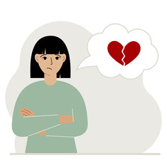 Fototapeta premium Sad woman thinks about love. In a balloon of thought, a red broken heart. The concept of parting and not shared love.