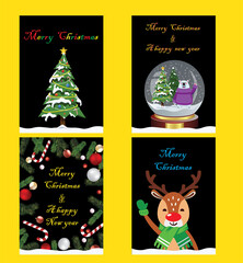 Fototapeta premium Traditional Corporate Holiday cards with Christmas tree, reindeers, snowglobe, ornate floral frames, background and copy space. Universal artistic templates.