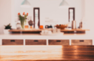 blurred kitchen interior  and desk space home background