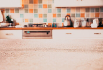 blurred kitchen interior  and desk space home background