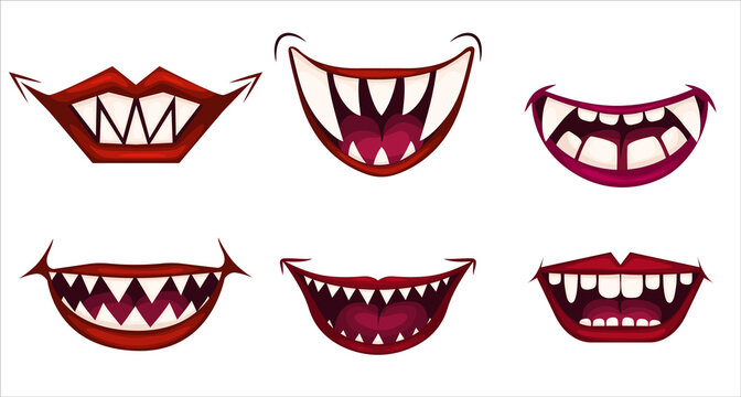 Creepy clown mouths set. Scary evil clown smile. Vector icons set. Vector illustration EPS10